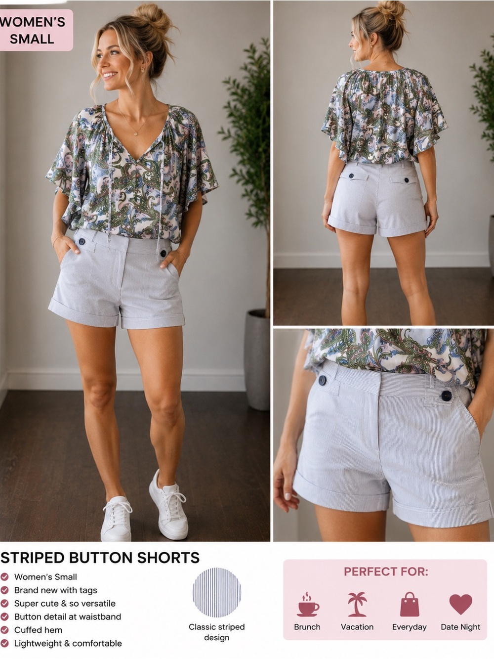 Striped Button Bermuda Shorts — Light Gray